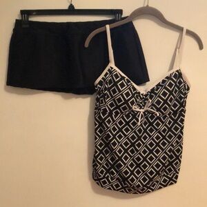 Black and White South Point tankini top and Black Lands’end swim skirt